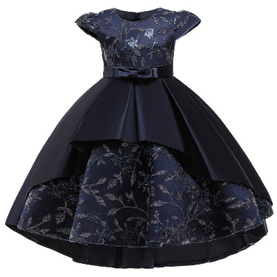 Robe à queue d'aronde à manches volantées  traînante avec nœud pour enfant
