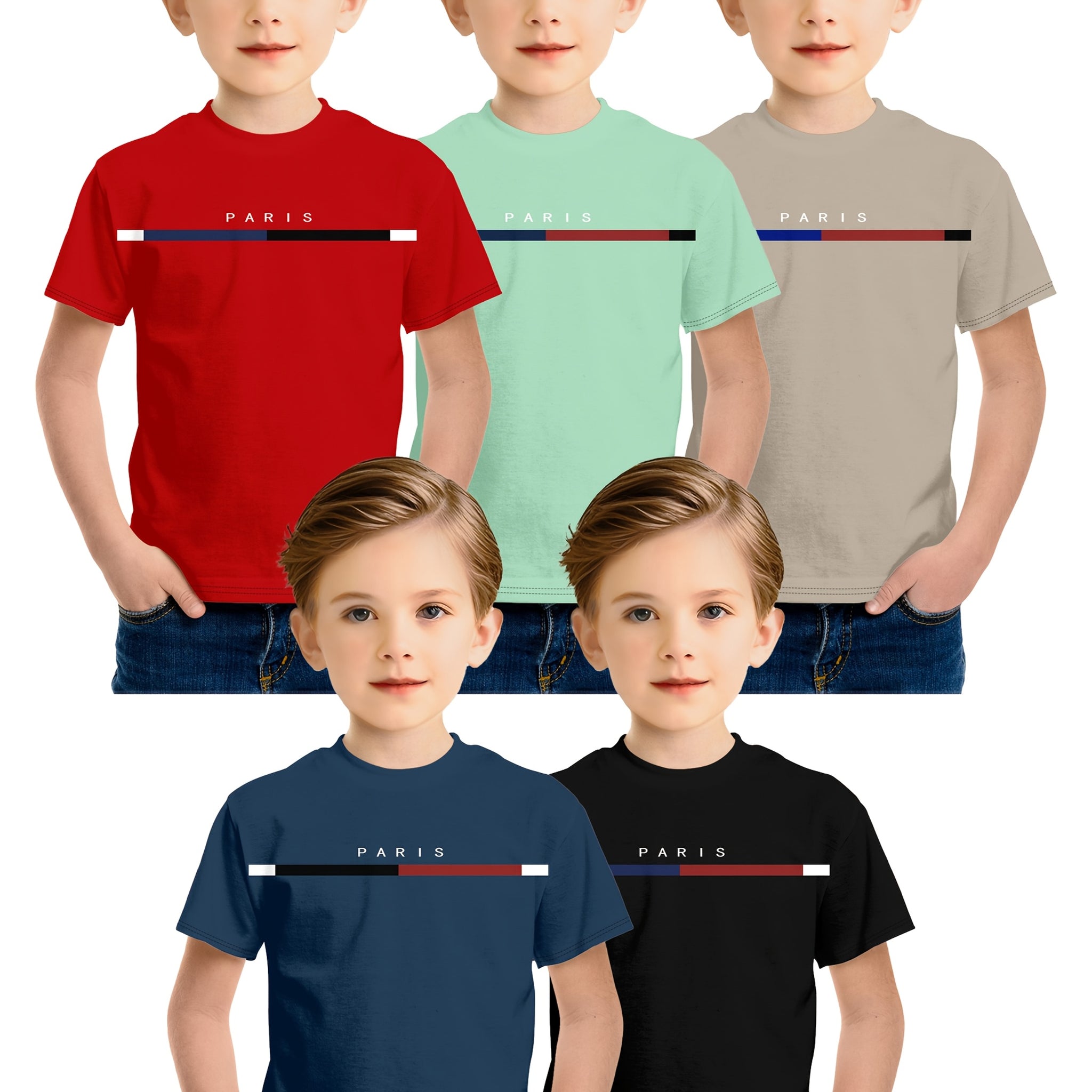 5pcs Boys' Parisian Letter Print T-Shirts - Stylish 3D Digital Graphic, Crew Neck, Short Sleeve, Summer Casual Tops for Youngsters - Red, Green, Beige, Blue, Black, Boy T Shirt