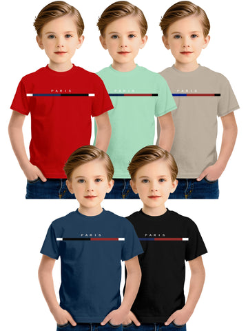 5pcs Boys' Parisian Letter Print T-Shirts - Stylish 3D Digital Graphic, Crew Neck, Short Sleeve, Summer Casual Tops for Youngsters - Red, Green, Beige, Blue, Black, Boy T Shirt