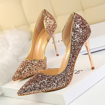 Skinny Chaussures pour femmes à talon aiguille bouche pointue à côté paillettes creuses
