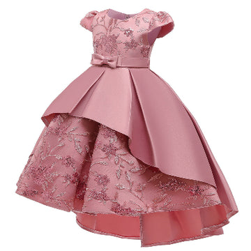 Robe à queue d'aronde à manches volantées  traînante avec nœud pour enfant