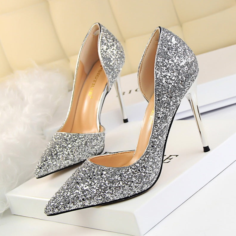 Skinny Chaussures pour femmes à talon aiguille bouche pointue à côté paillettes creuses