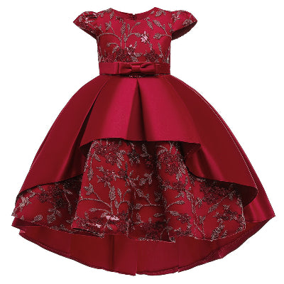 Robe à queue d'aronde à manches volantées  traînante avec nœud pour enfant