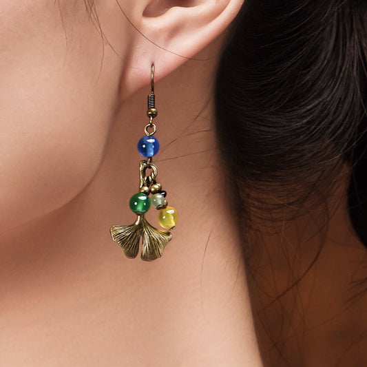 Boucles d'oreilles faites à la main Ginkgo Perce-oreilles à feuilles Ethnique