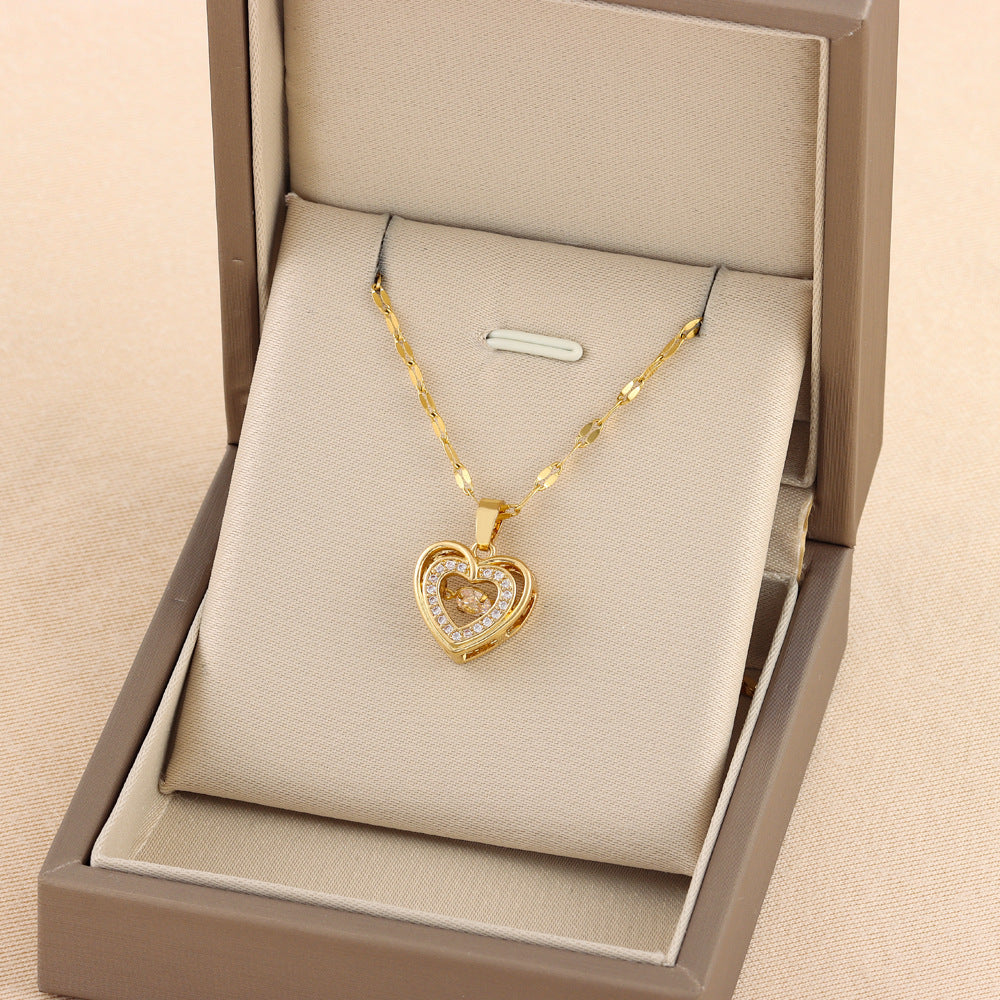 Collier d'amour double couche avec strass pendentif en acier titane Bijoux de mode Femme Cadeau de la Saint Valentin